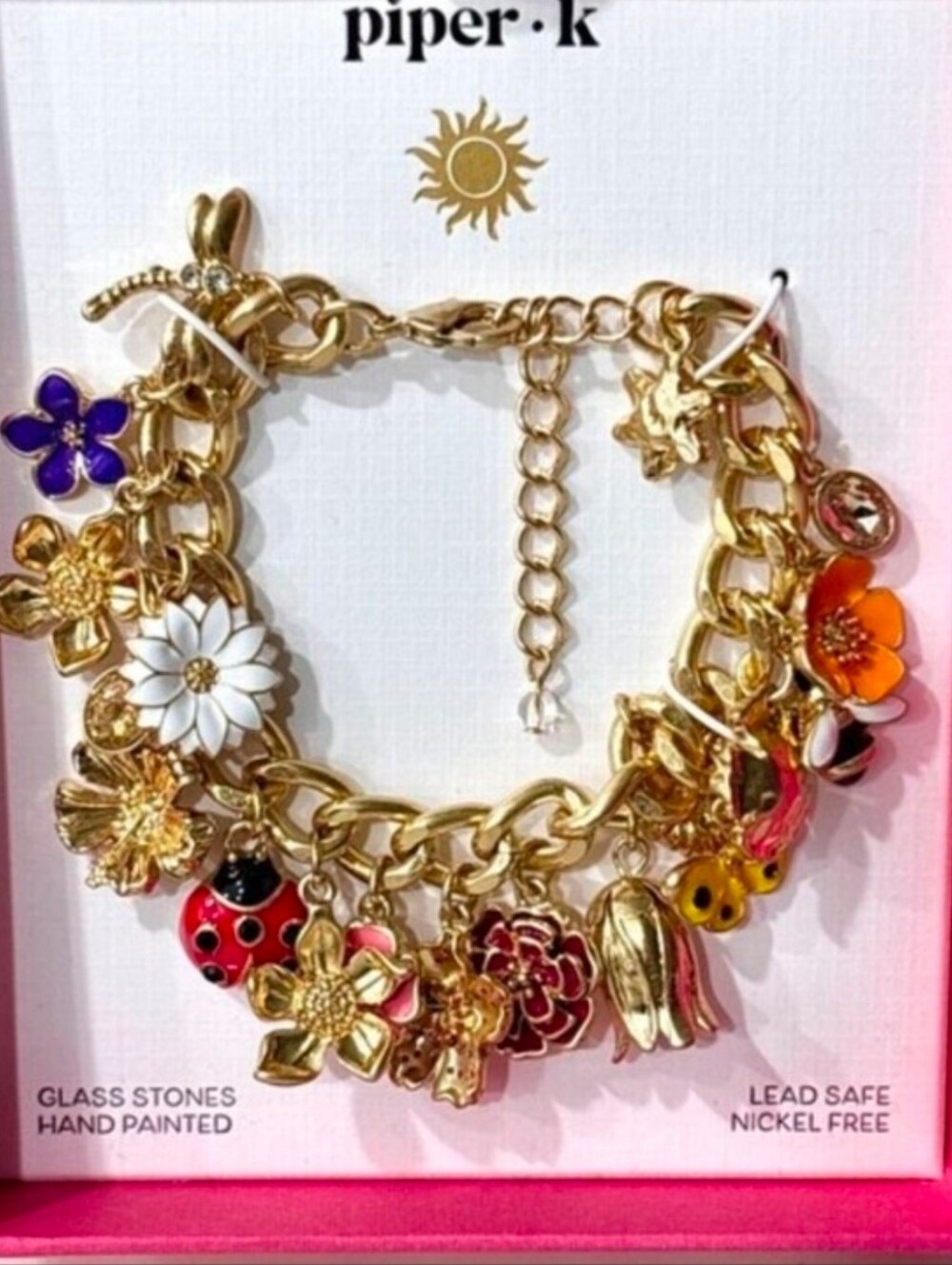 👉✨️piper k Ladybug  Gold Floral & Enamel Charm Bracelet - Multicolor